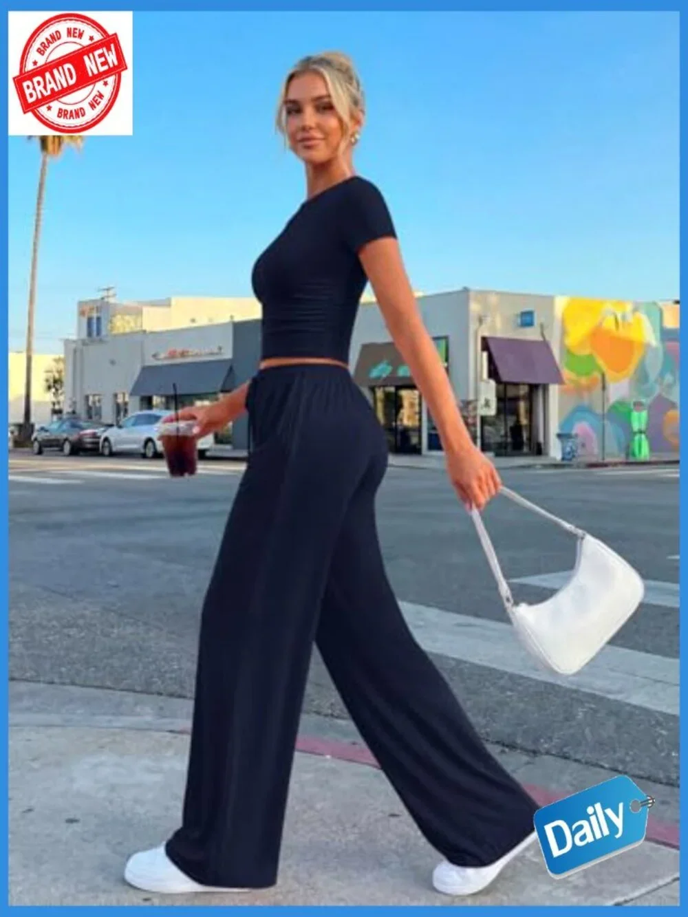 Women's 2 Piece Lounge Set Side Ruching Top Wide Leg Pants with Pockets